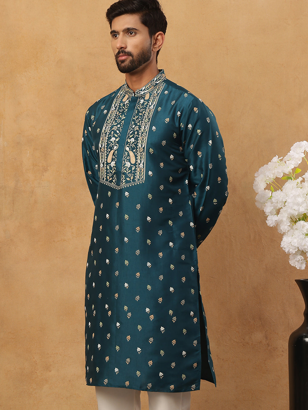 Men’s Festive Rubber Print Kurta (65KO 5424 Peacock ) [FF] [J-1]