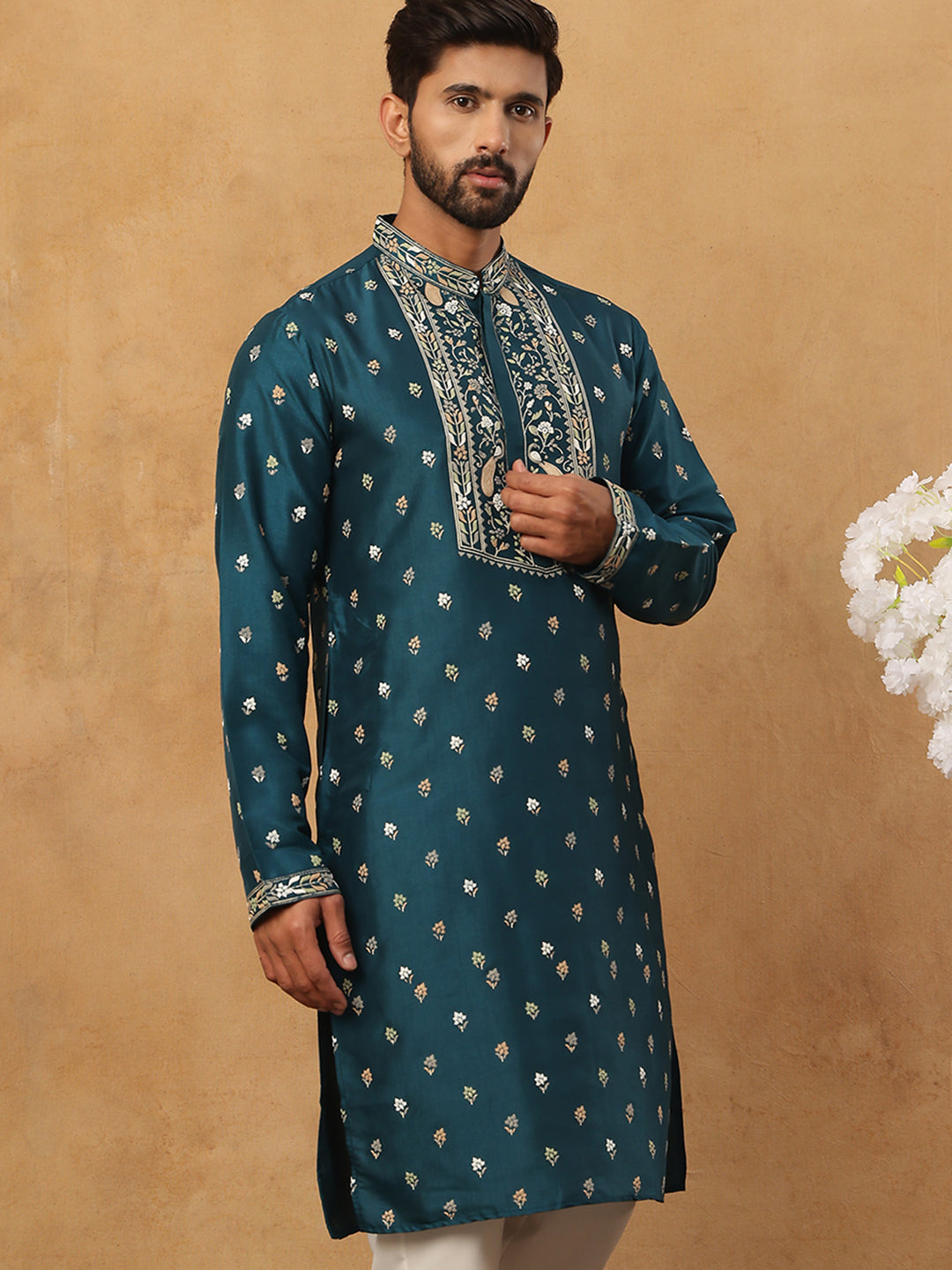Men’s Festive Rubber Print Kurta (65KO 5424 Peacock ) [FF] [J-1]