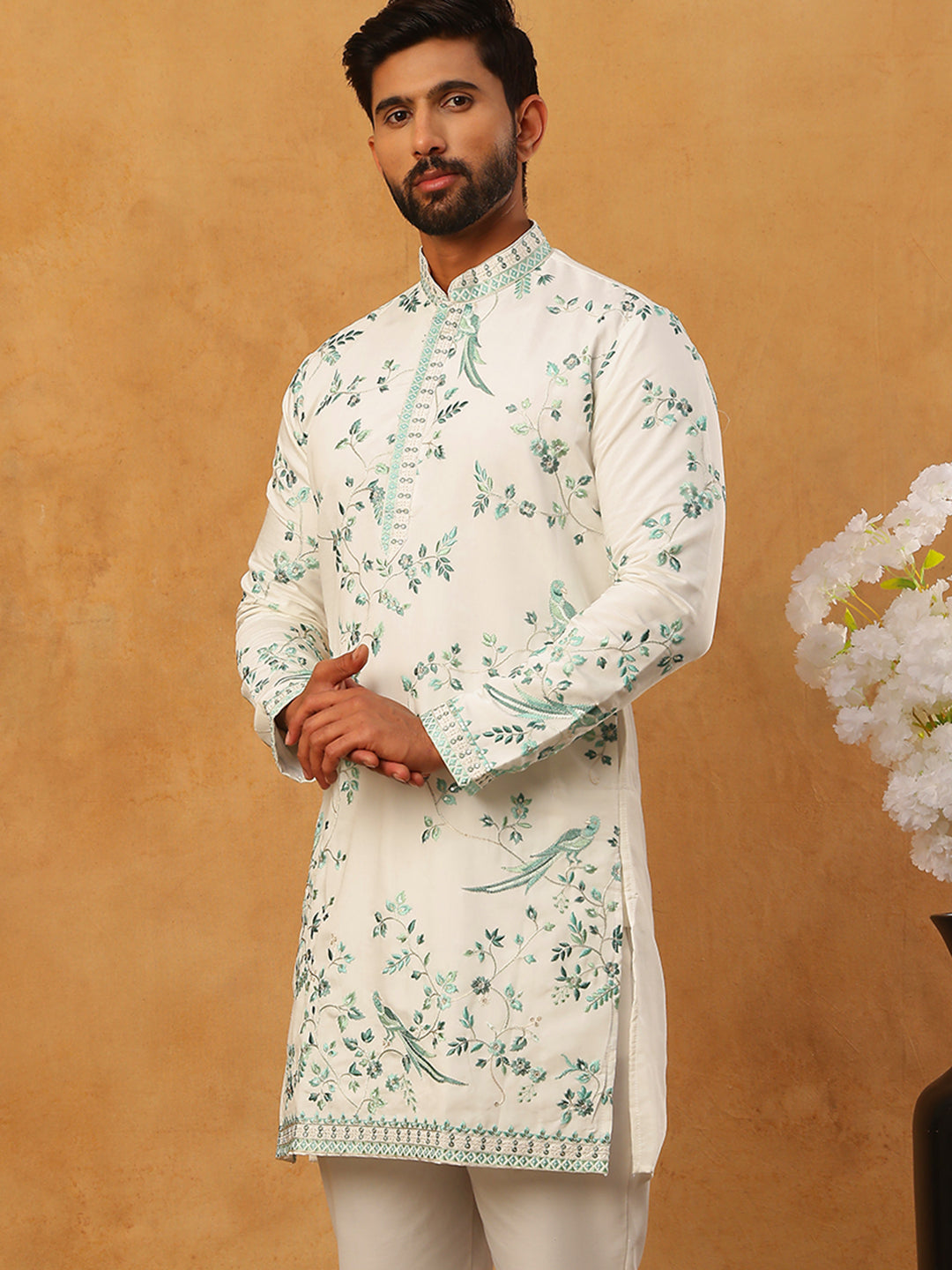 Silk Blend Embroidered Kurta (65KO 5426 White ) [FF] [A-1-4]