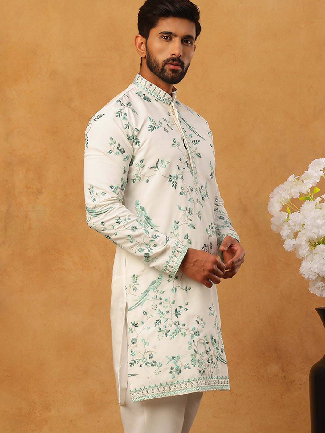 Silk Blend Embroidered Kurta (65KO 5426 White ) [FF] [A-1-4]