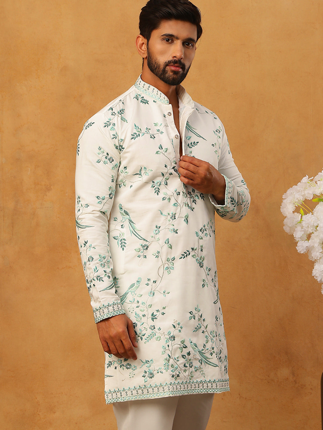 Silk Blend Embroidered Kurta (65KO 5426 White ) [FF] [A-1-4]