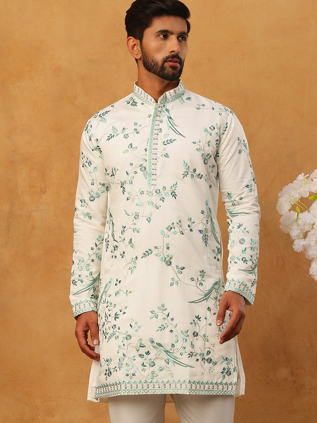 Silk Blend Embroidered Kurta (65KO 5426 White ) [FF] [A-1-4]