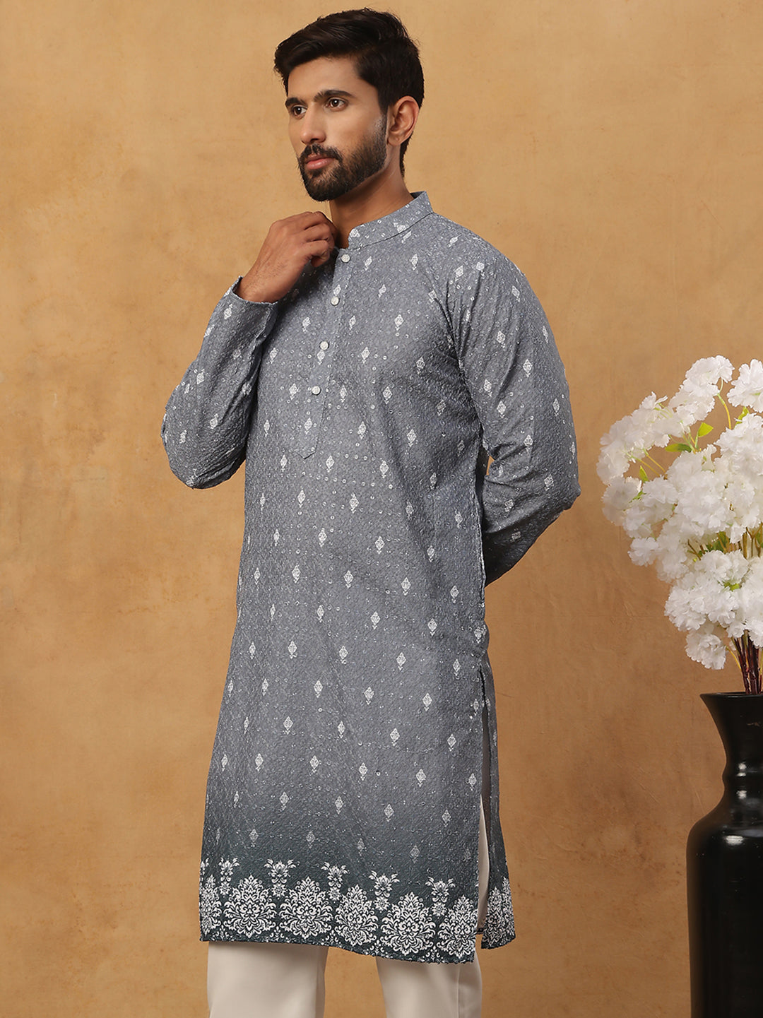 Festive Cotton Blend Printed Kurta (65KO 5429 Grey ) [FF] [Q-11-14]