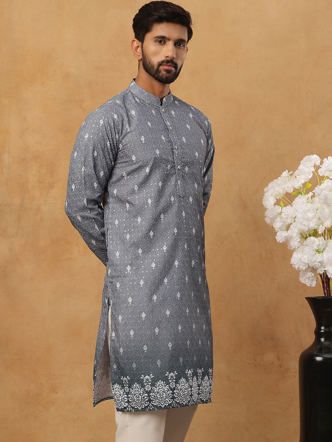Festive Cotton Blend Printed Kurta (65KO 5429 Grey ) [FF] [Q-11-14]
