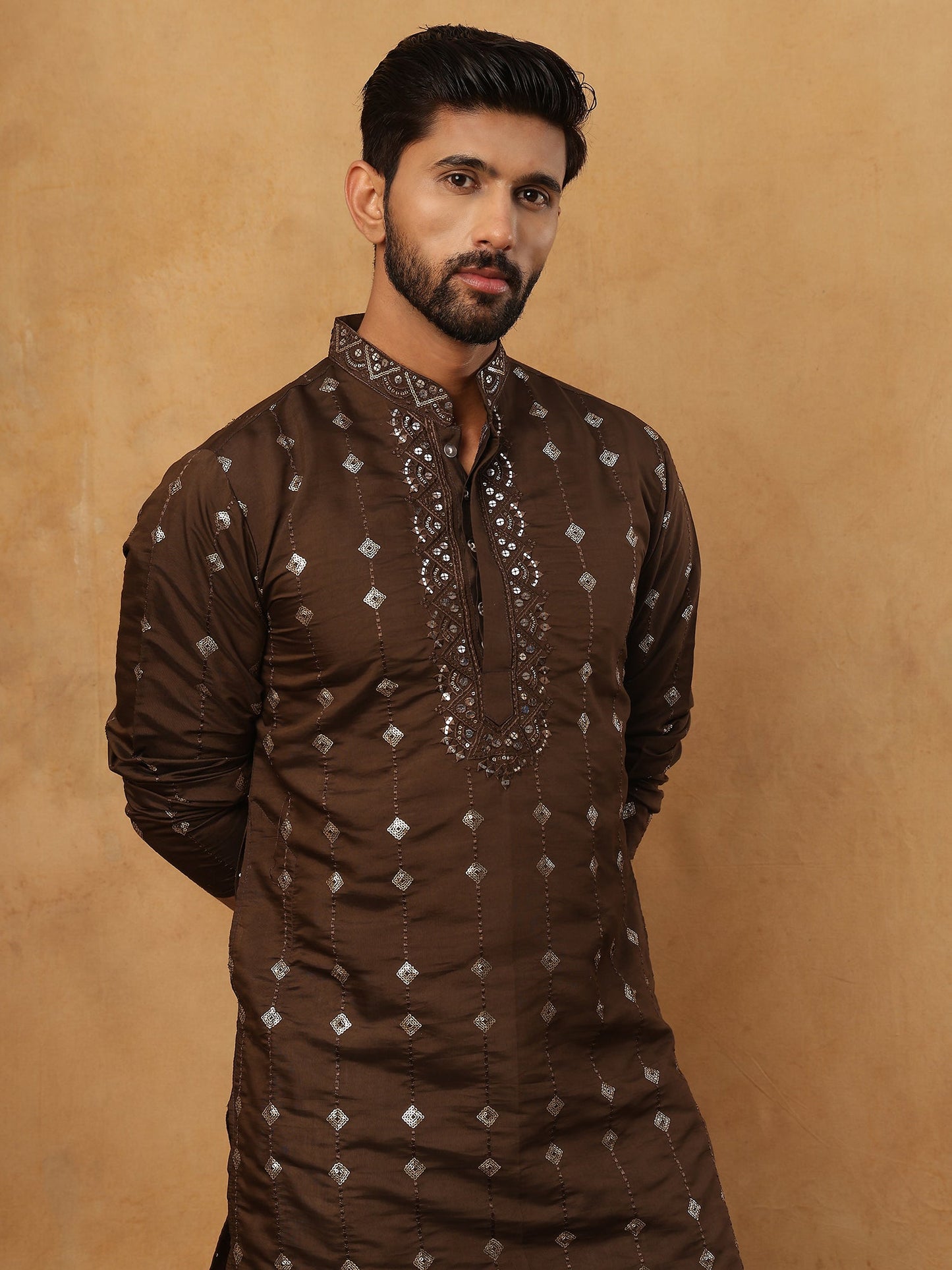 Festive Silk Blend Sequin Work Kurta (65KO 5430 Brown ) [FF] [A-1-4]