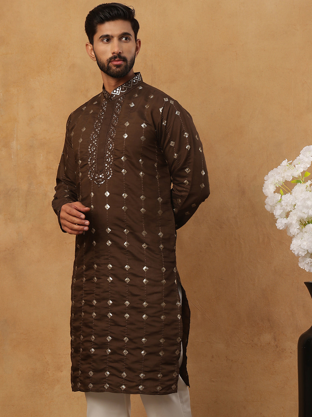 Festive Silk Blend Sequin Work Kurta (65KO 5430 Brown ) [FF] [A-1-4]