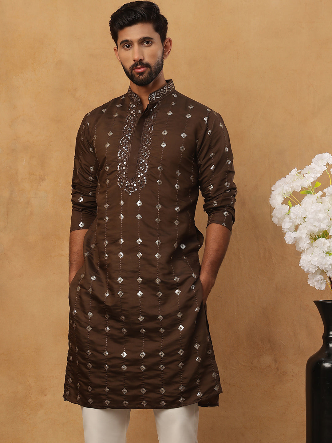Festive Silk Blend Sequin Work Kurta (65KO 5430 Brown ) [FF] [A-1-4]