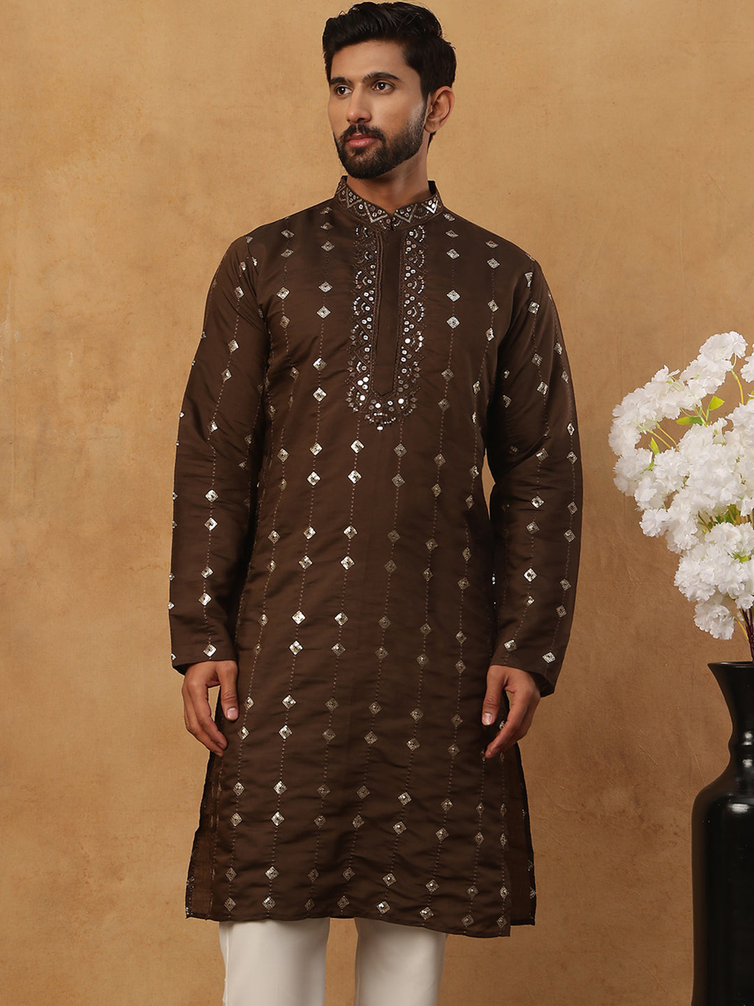 Festive Silk Blend Sequin Work Kurta (65KO 5430 Brown ) [FF] [A-1-4]