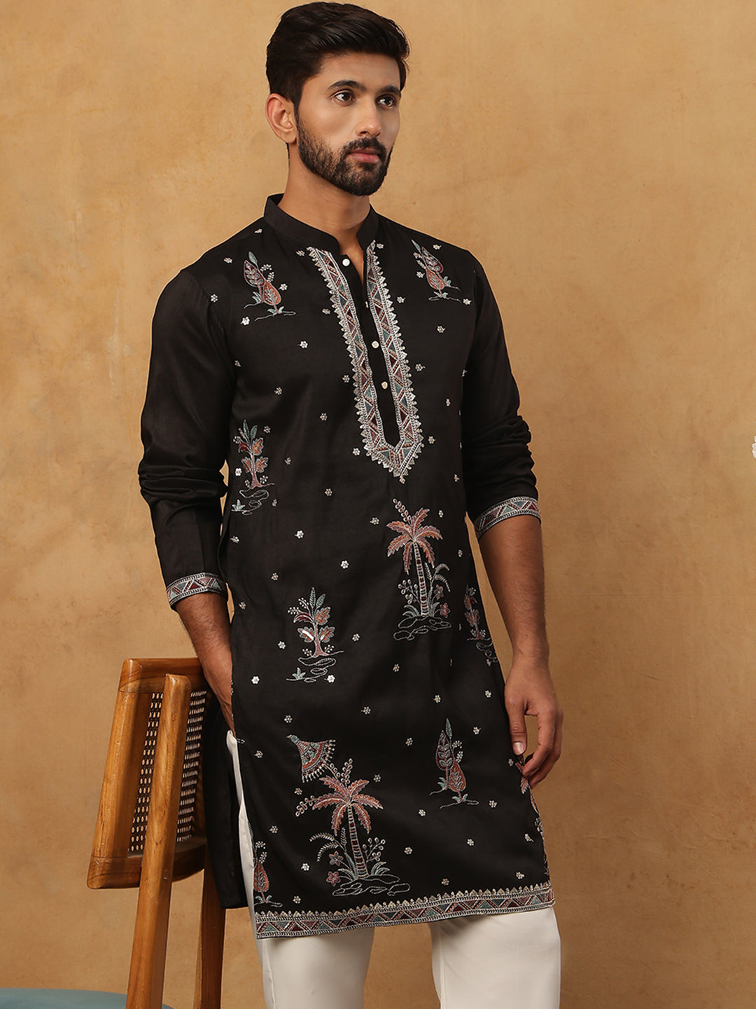 Silk Blend Embroidered Kurta (65KO 5431 Black ) [FF] [B-1-2]
