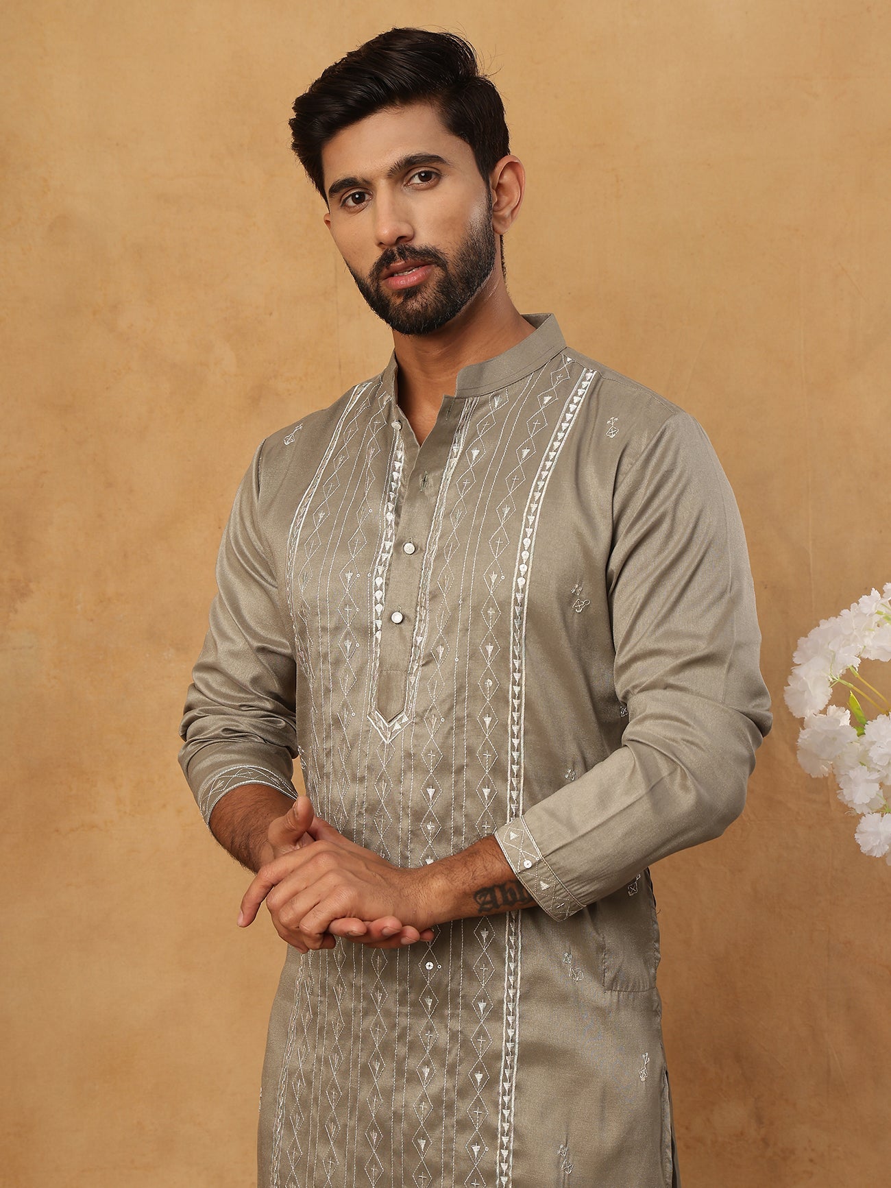 Luxury Silk Blend Thread Work Kurta (65KO 5432 Beige ) [FF] [B-9]