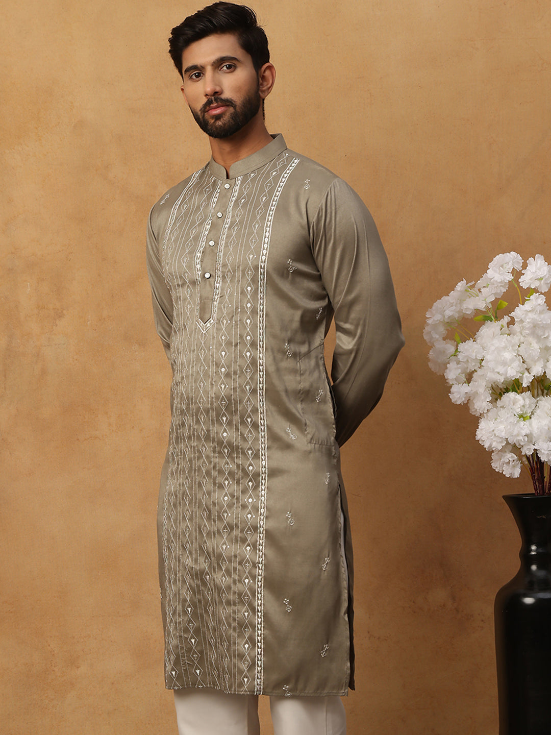 Luxury Silk Blend Thread Work Kurta (65KO 5432 Beige ) [FF] [B-9]
