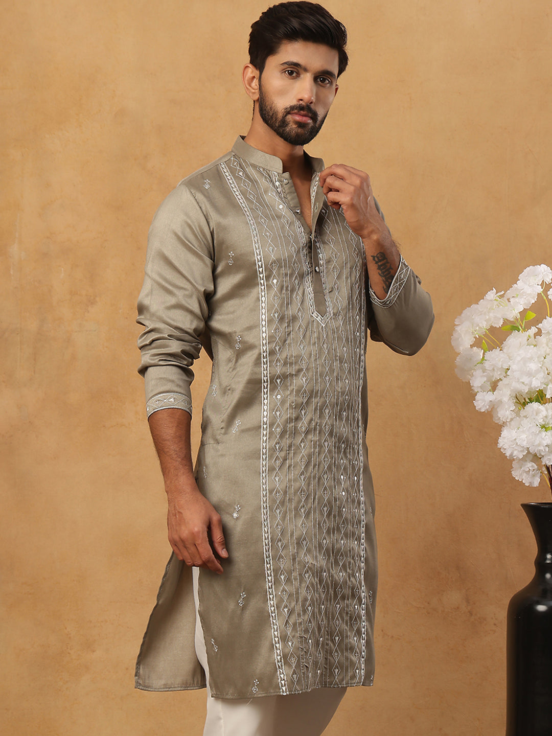 Luxury Silk Blend Thread Work Kurta (65KO 5432 Beige ) [FF] [B-9]