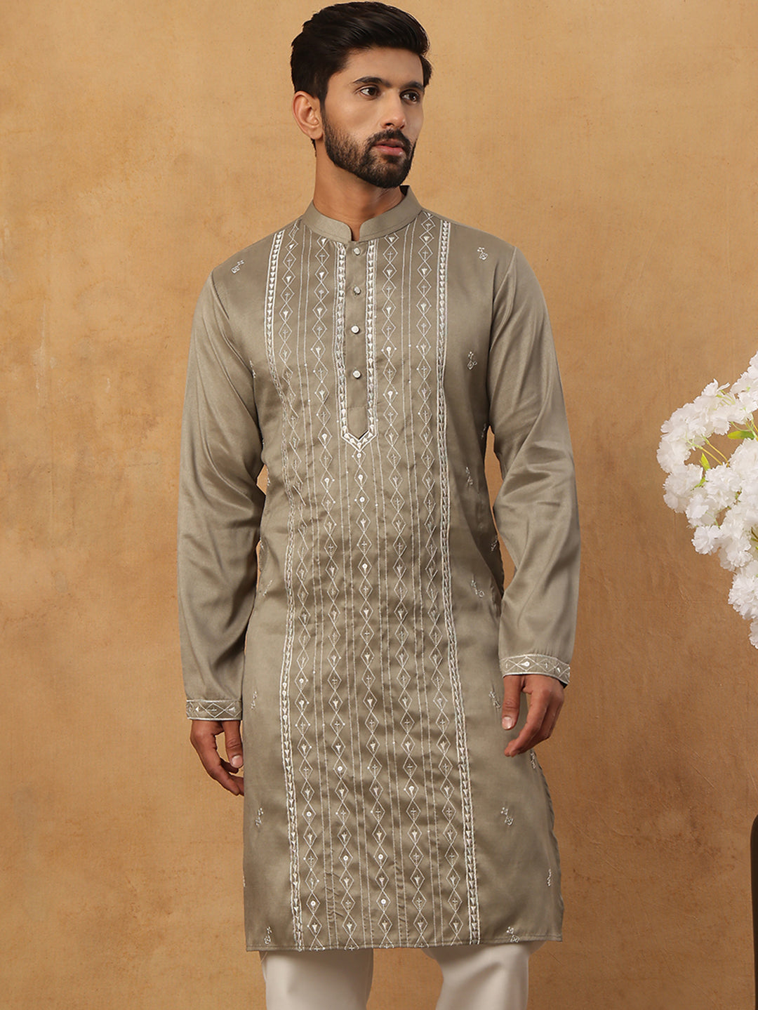 Luxury Silk Blend Thread Work Kurta (65KO 5432 Beige ) [FF] [B-9]