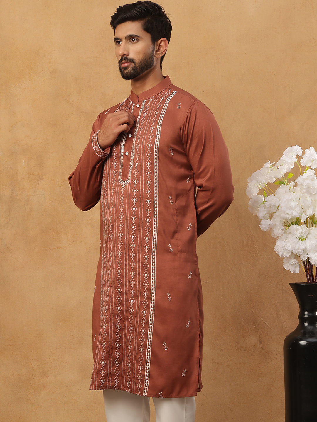 Luxury Silk Blend Thread Work Kurta (65KO 5432 Brown ) [FF] [B-9]