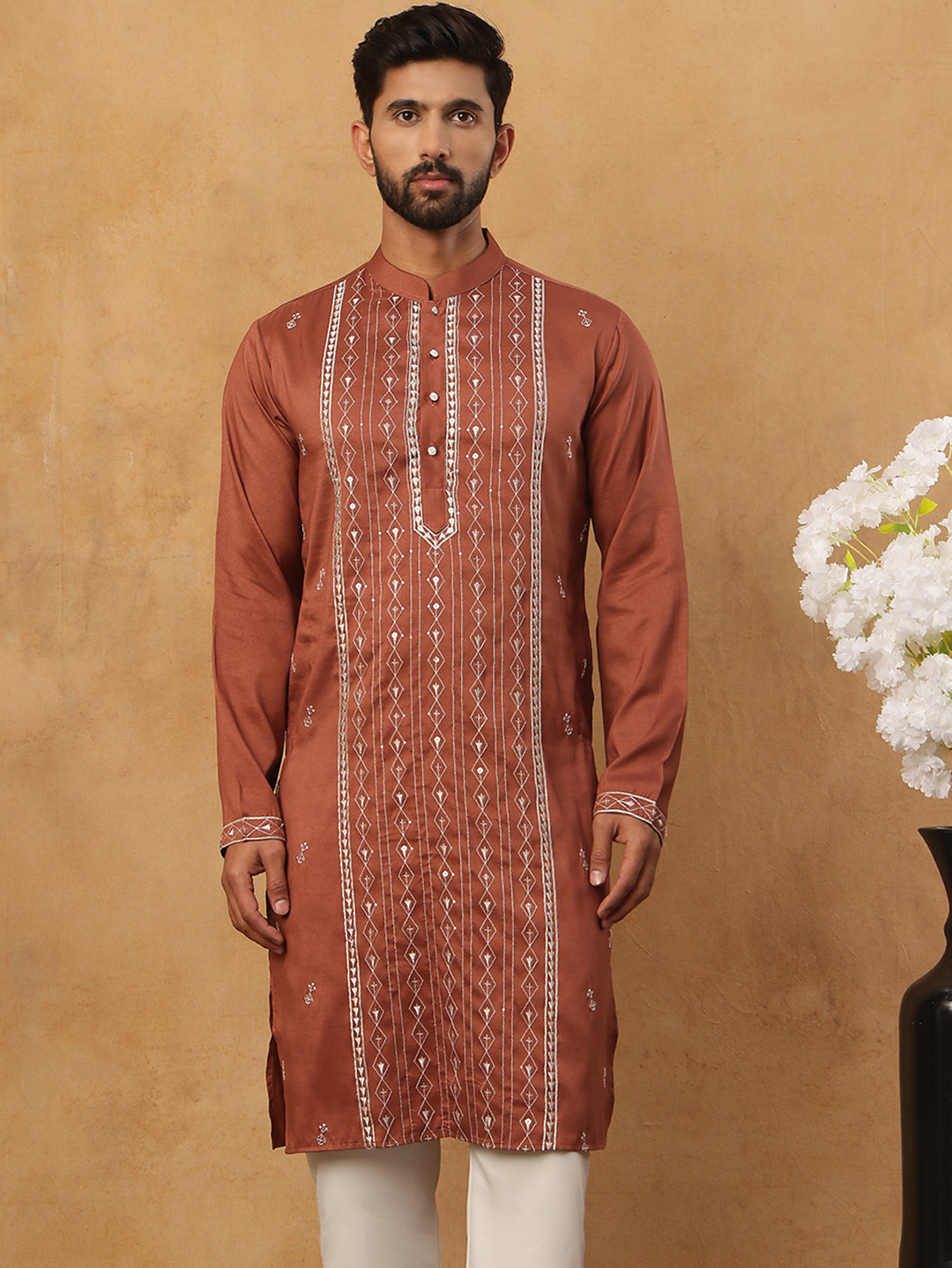 Luxury Silk Blend Thread Work Kurta (65KO 5432 Brown ) [FF] [B-9]