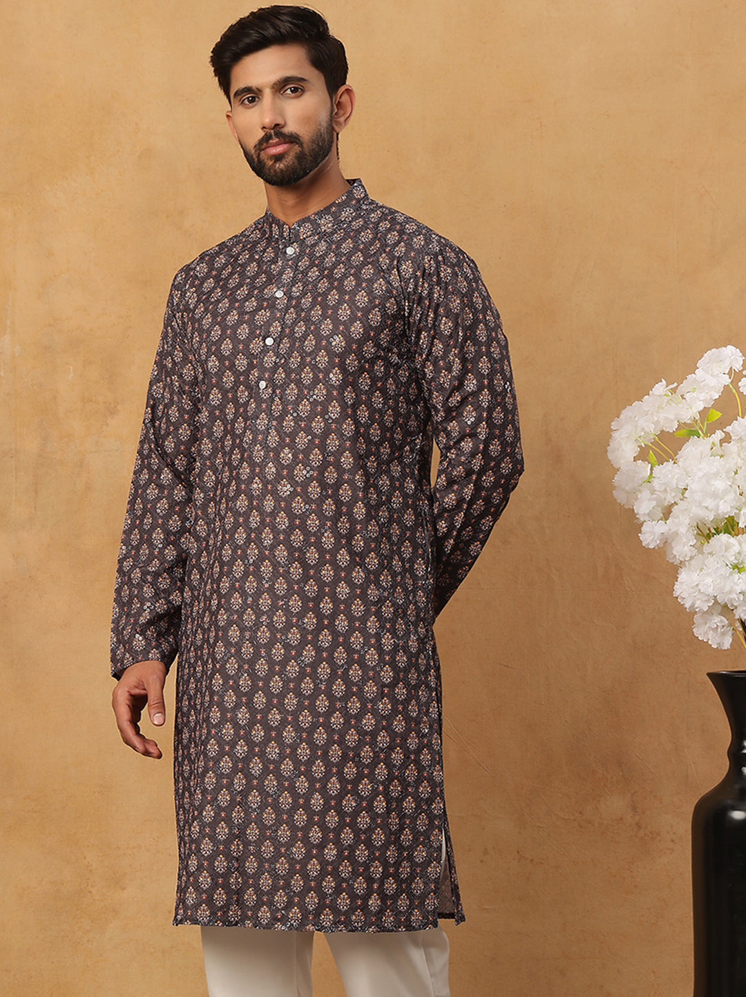 Festive Cotton Blend Printed Kurta (65KO 5434 Grey ) [FF] [Q-11-14]