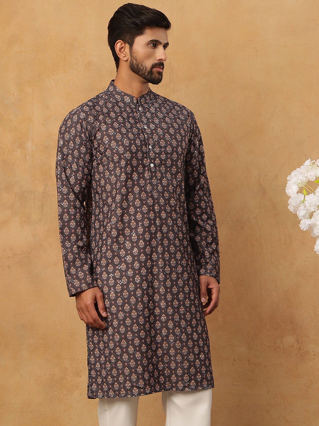 Festive Cotton Blend Printed Kurta (65KO 5434 Grey ) [FF] [Q-11-14]
