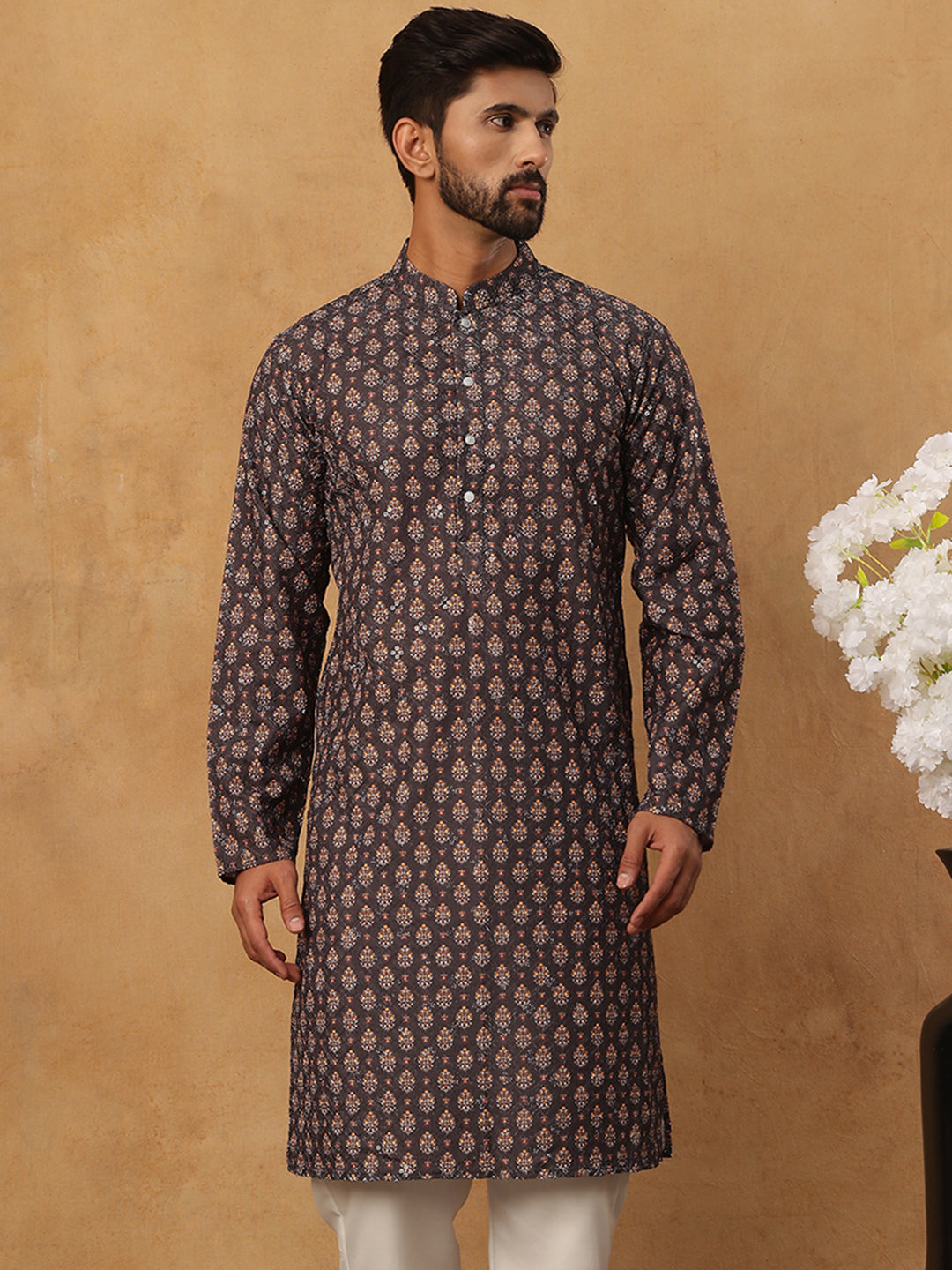 Festive Cotton Blend Printed Kurta (65KO 5434 Grey ) [FF] [Q-11-14]