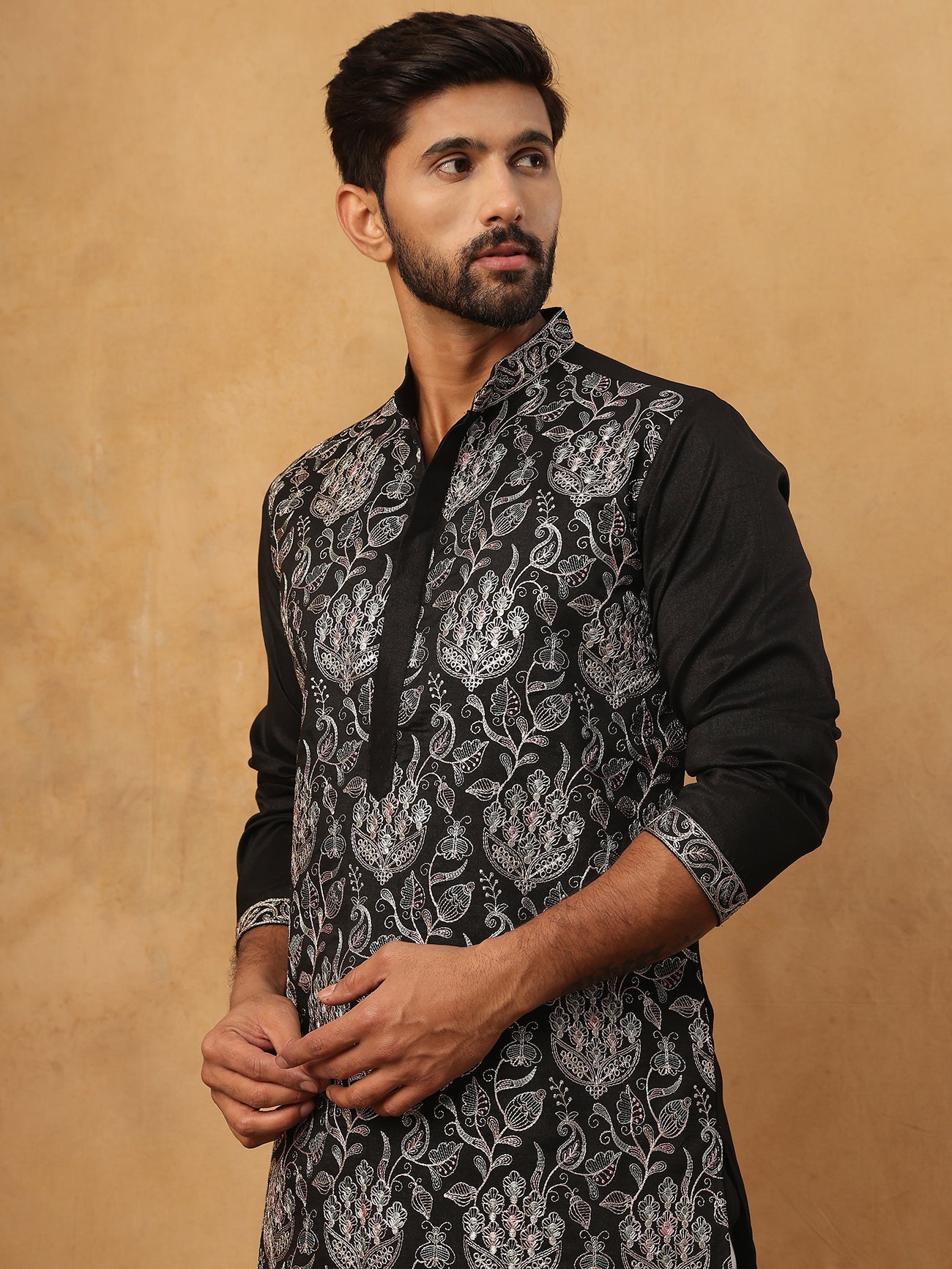Silk Blend Embroidered Kurta (65KO 5435 Black ) [FF] [Q-11-14]