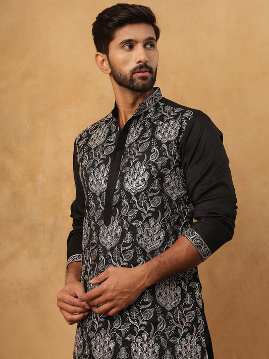 Silk Blend Embroidered Kurta (65KO 5435 Black ) [FF] [Q-11-14]