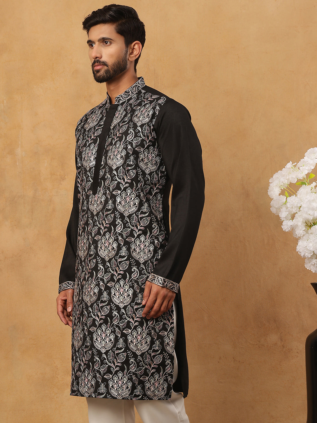 Silk Blend Embroidered Kurta (65KO 5435 Black ) [FF] [Q-11-14]