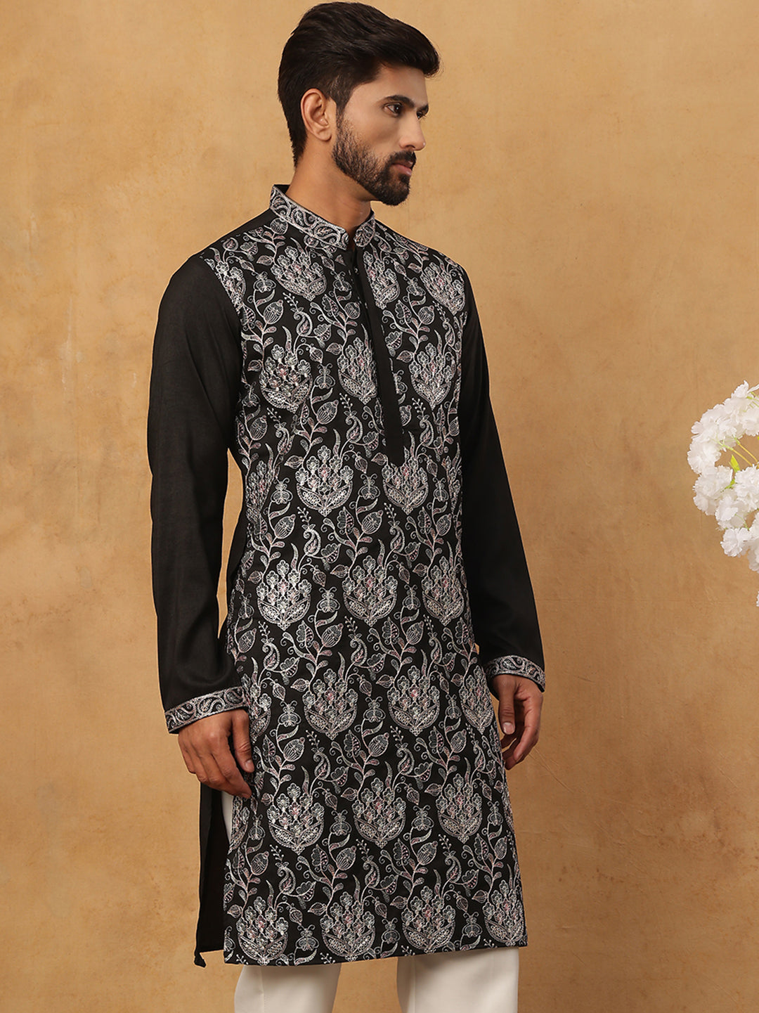 Silk Blend Embroidered Kurta (65KO 5435 Black ) [FF] [Q-11-14]