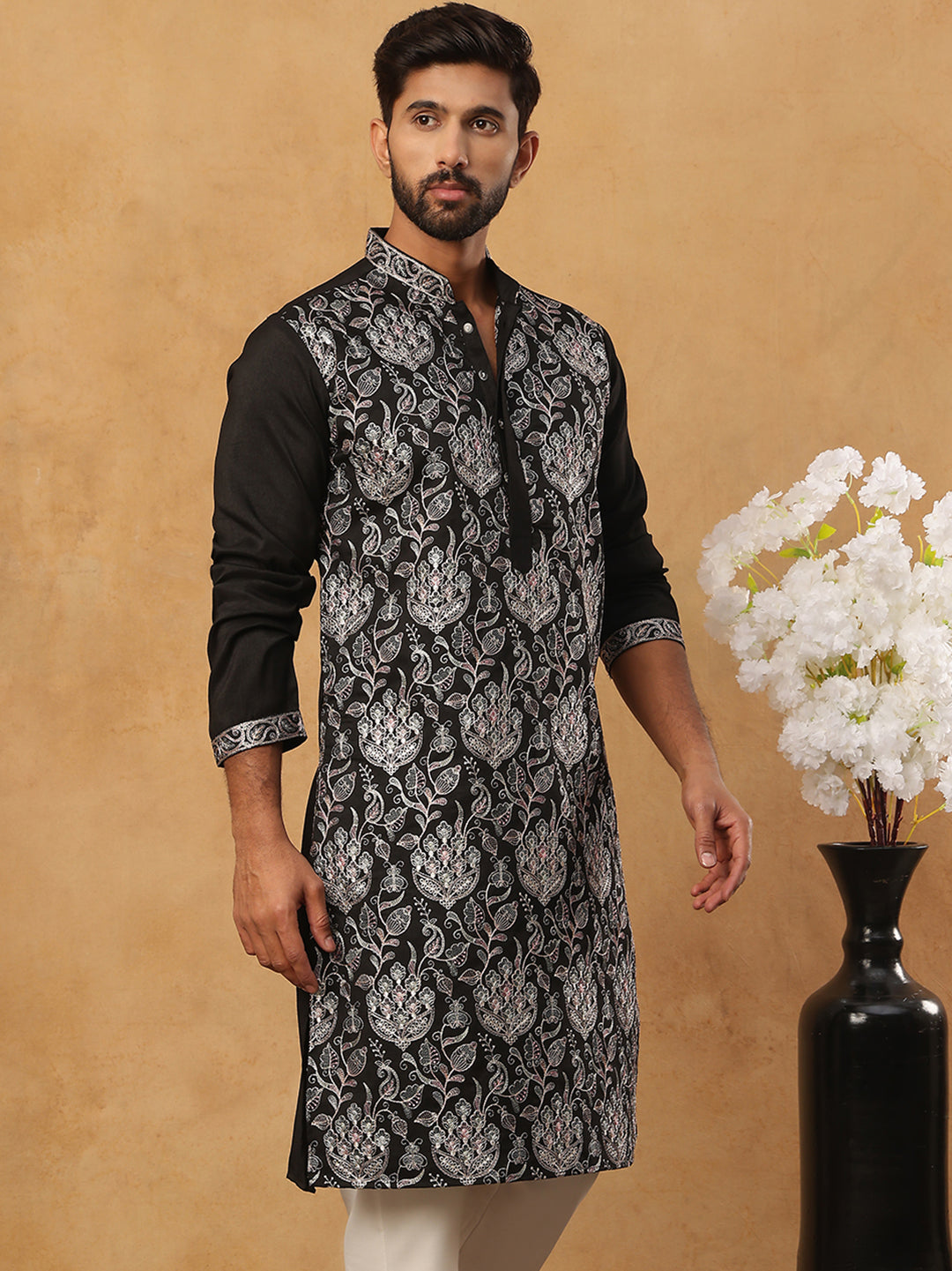 Silk Blend Embroidered Kurta (65KO 5435 Black ) [FF] [Q-11-14]
