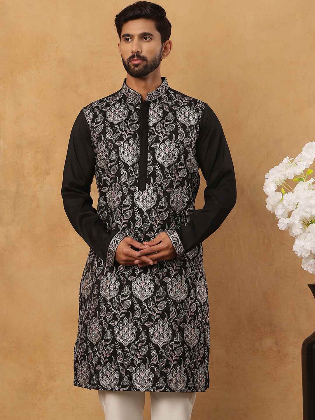Silk Blend Embroidered Kurta (65KO 5435 Black ) [FF] [Q-11-14]