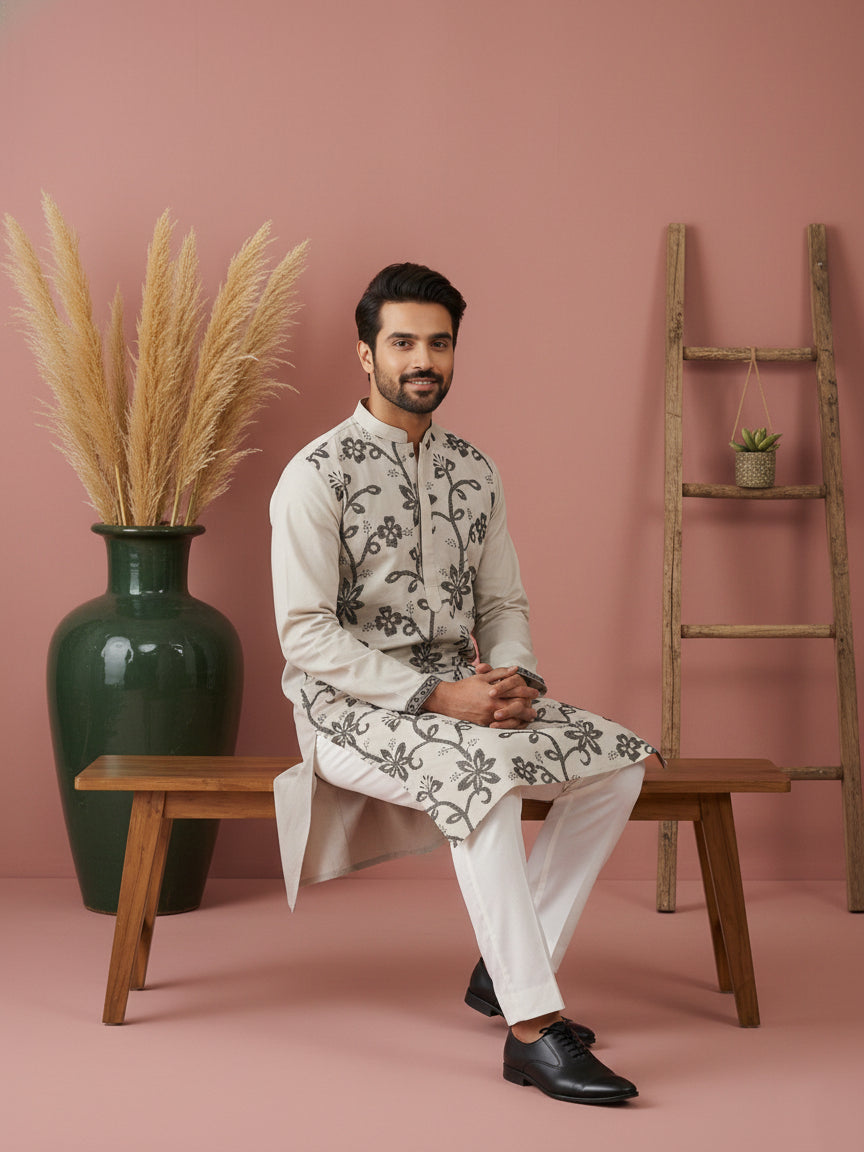 Men’s Silk Blend Embroidered Kurta ( 65KO 5442Grey S ) [FF] [Q-11-14]