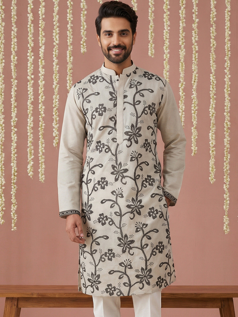 Men’s Silk Blend Embroidered Kurta ( 65KO 5442Grey S ) [FF] [Q-11-14]