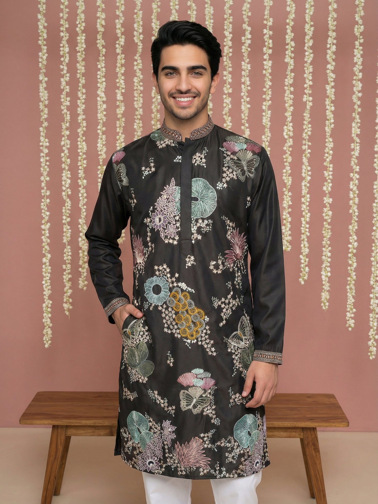 Black Silk Blend Embroidered Kurta ( 65KO 5444Black S ) [FF] [O-6]