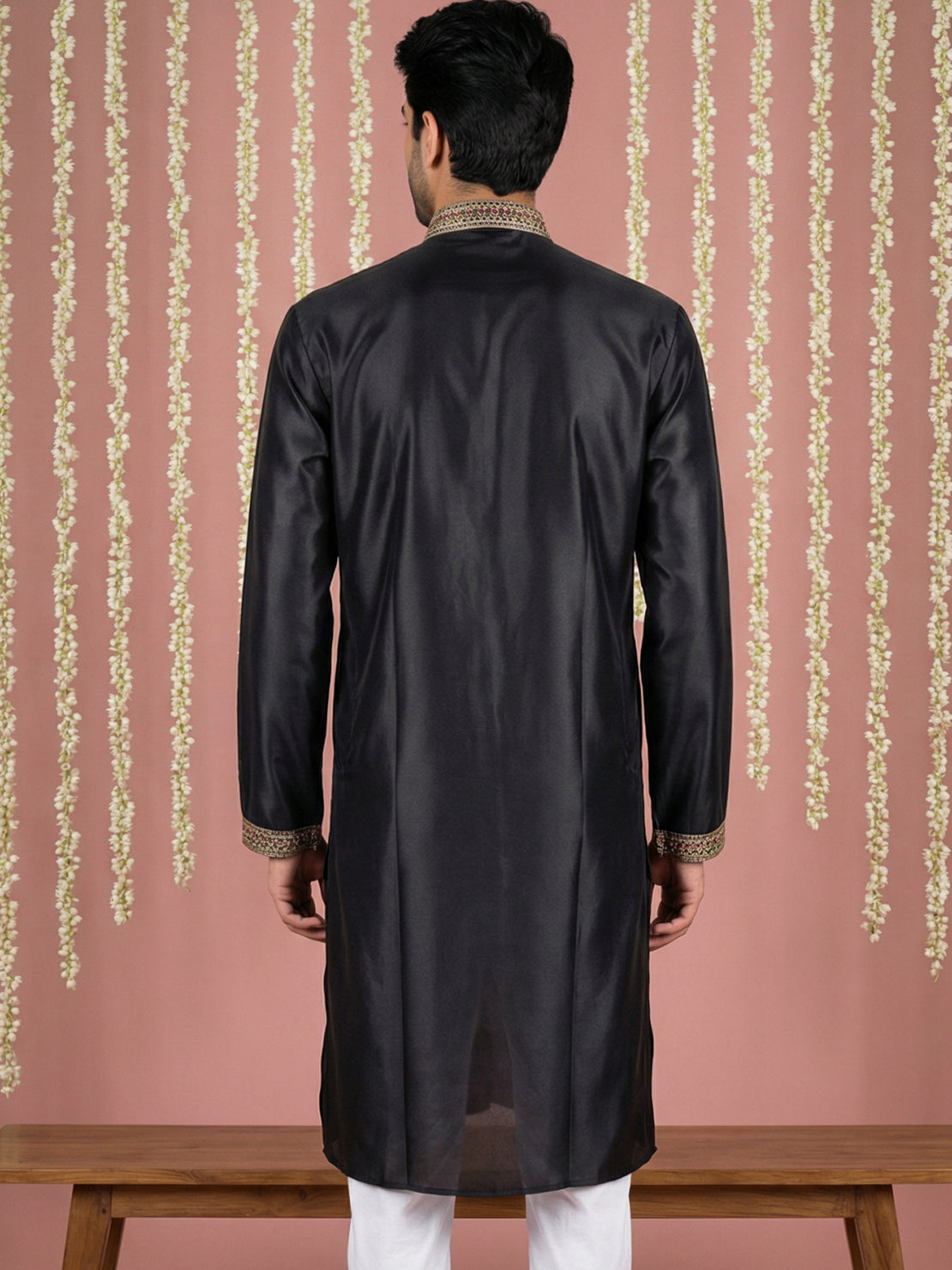 Black Silk Blend Embroidered Kurta ( 65KO 5444Black S ) [FF] [O-6]