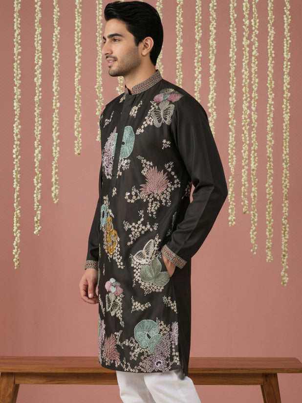 Black Silk Blend Embroidered Kurta ( 65KO 5444Black S ) [FF] [O-6]