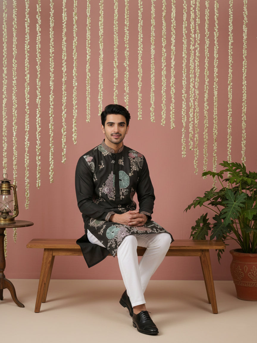 Black Silk Blend Embroidered Kurta ( 65KO 5444Black S ) [FF] [O-6]