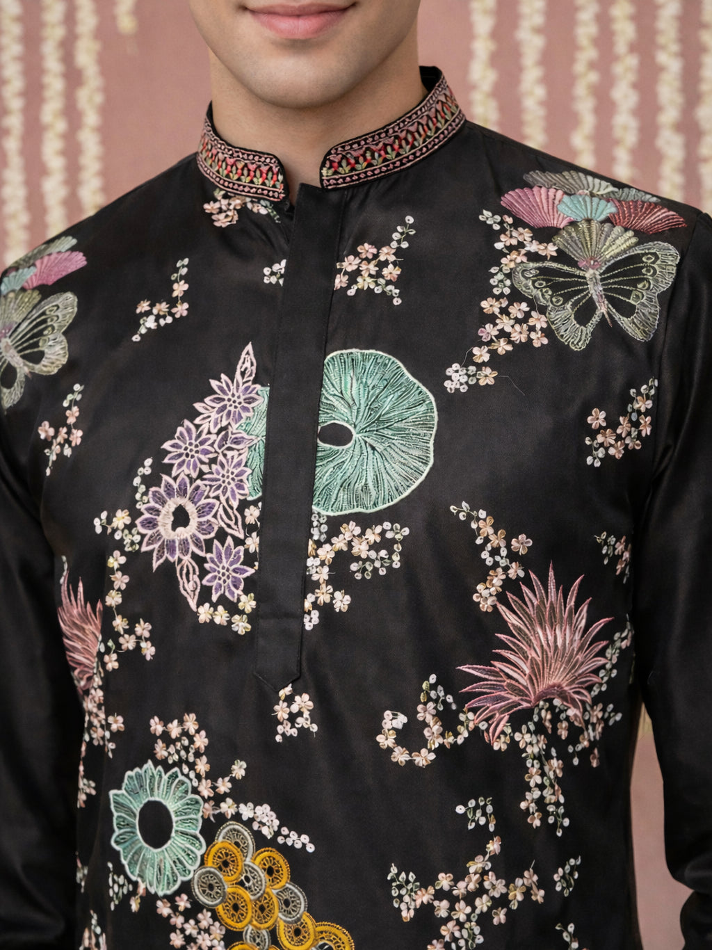 Black Silk Blend Embroidered Kurta ( 65KO 5444Black S ) [FF] [O-6]