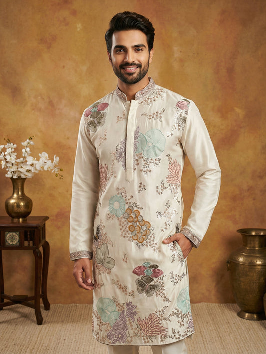 White Silk Blend Embroidered Kurta ( 65KO 5444White S ) [FF] [O-6]