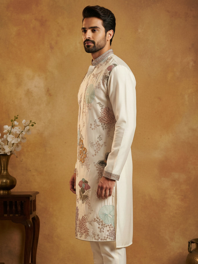 White Silk Blend Embroidered Kurta ( 65KO 5444White S ) [FF] [O-6]