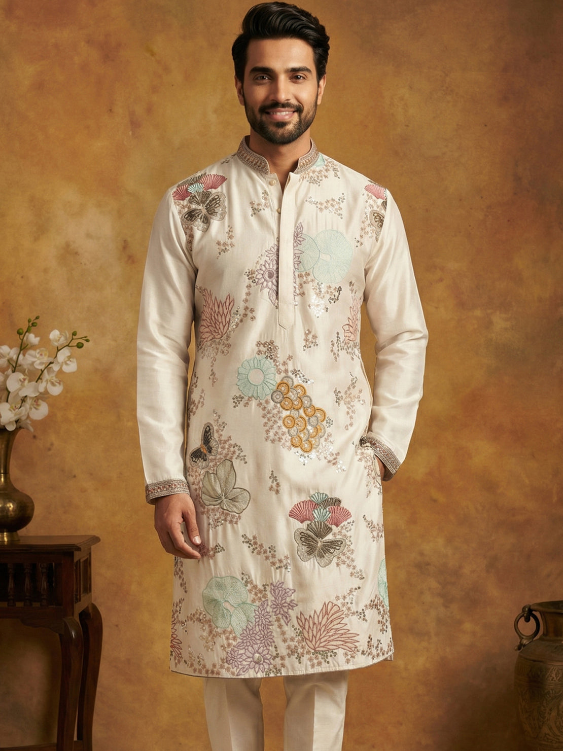 White Silk Blend Embroidered Kurta ( 65KO 5444White S ) [FF] [O-6]