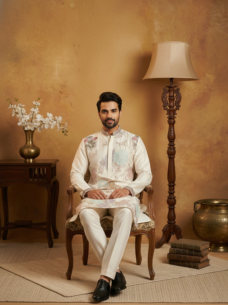 White Silk Blend Embroidered Kurta ( 65KO 5444White S ) [FF] [O-6]