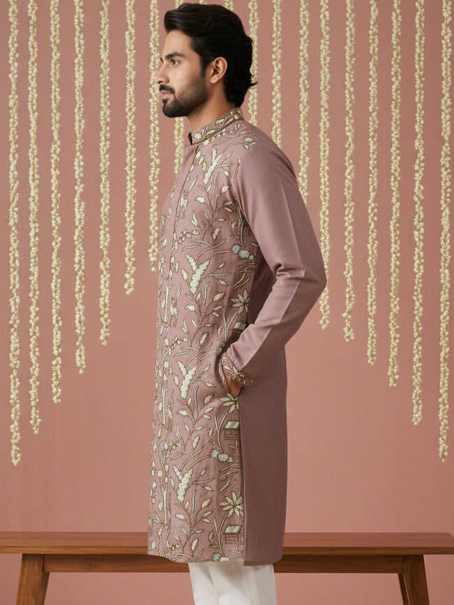 Silk Blend Designer Embroidered Kurta ( 65KO 5445Brown S )