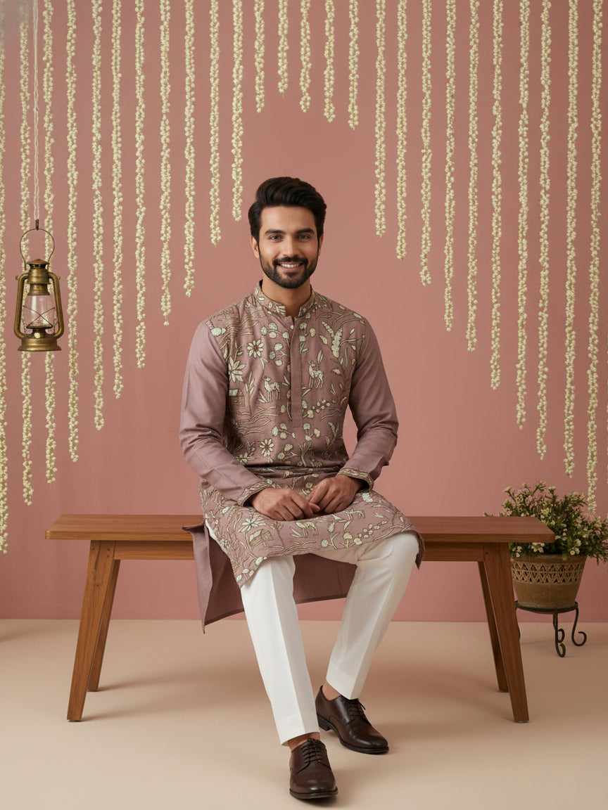 Silk Blend Designer Embroidered Kurta ( 65KO 5445Brown S )