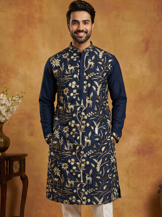 Silk Blend Designer Embroidered Kurta ( 65KO 5445Navy S )