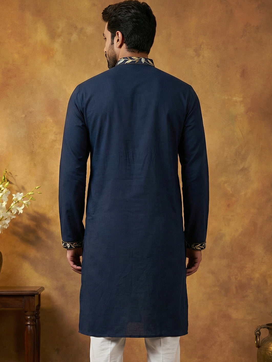 Silk Blend Designer Embroidered Kurta ( 65KO 5445Navy S )