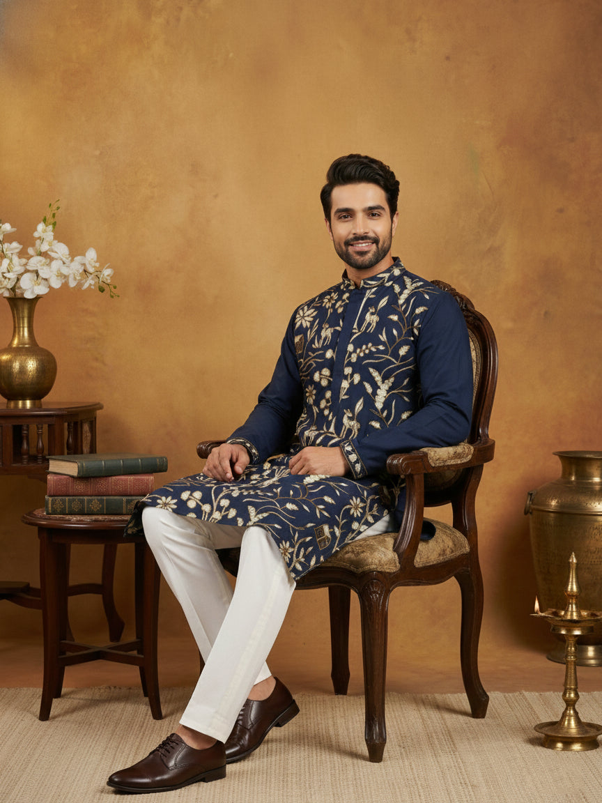 Silk Blend Designer Embroidered Kurta ( 65KO 5445Navy S )
