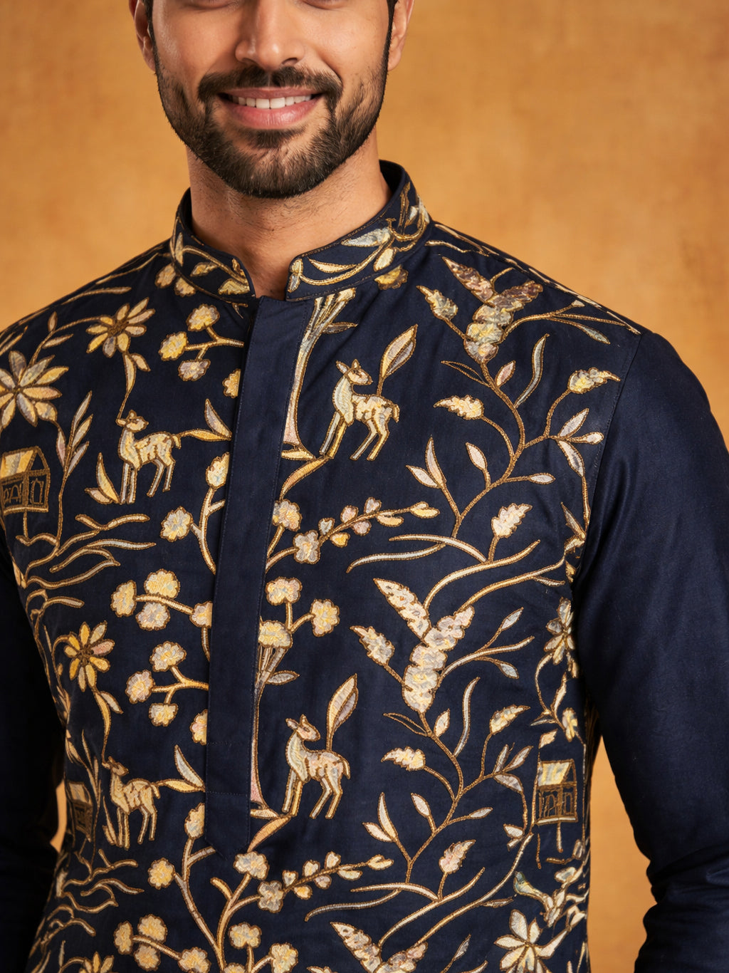 Silk Blend Designer Embroidered Kurta ( 65KO 5445Navy S )