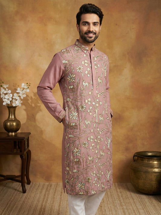 Silk Blend Designer Embroidered Kurta ( 65KO 5445Peach S )