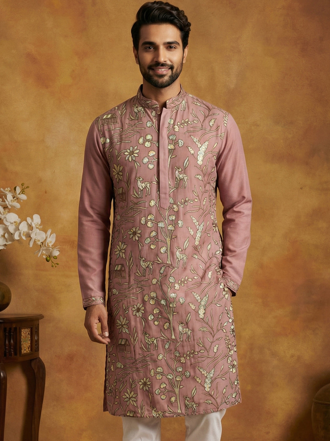 Silk Blend Designer Embroidered Kurta ( 65KO 5445Peach S )