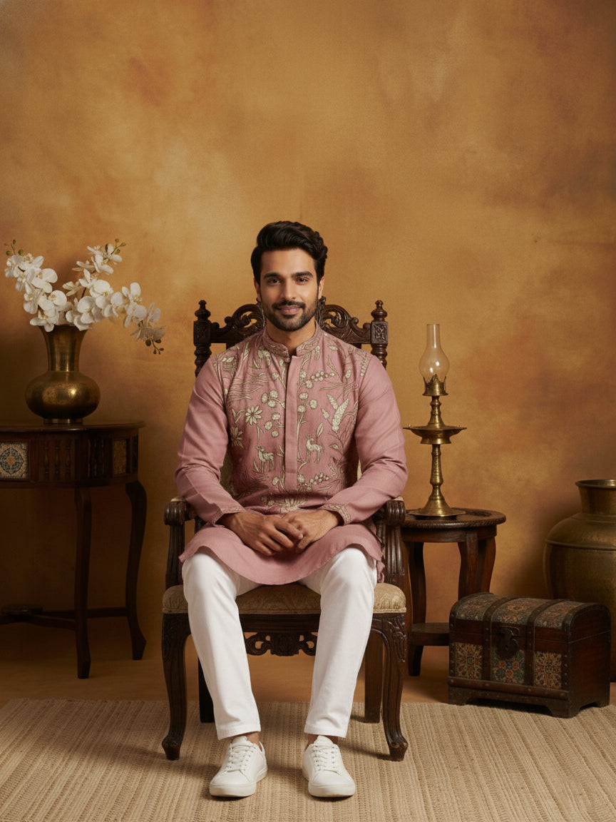 Silk Blend Designer Embroidered Kurta ( 65KO 5445Peach S )