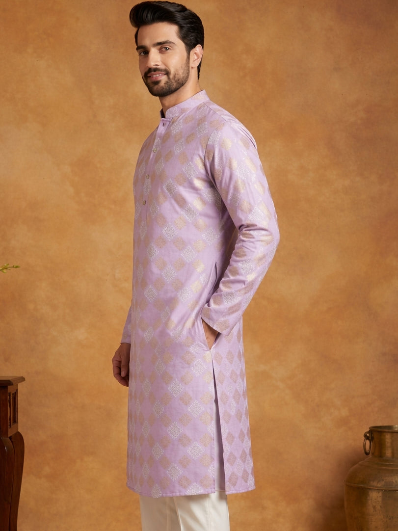 Men Cotton Blend Kurta with Foil Print ( 65KO 5446Lavender S ) [FF] [N-2]
