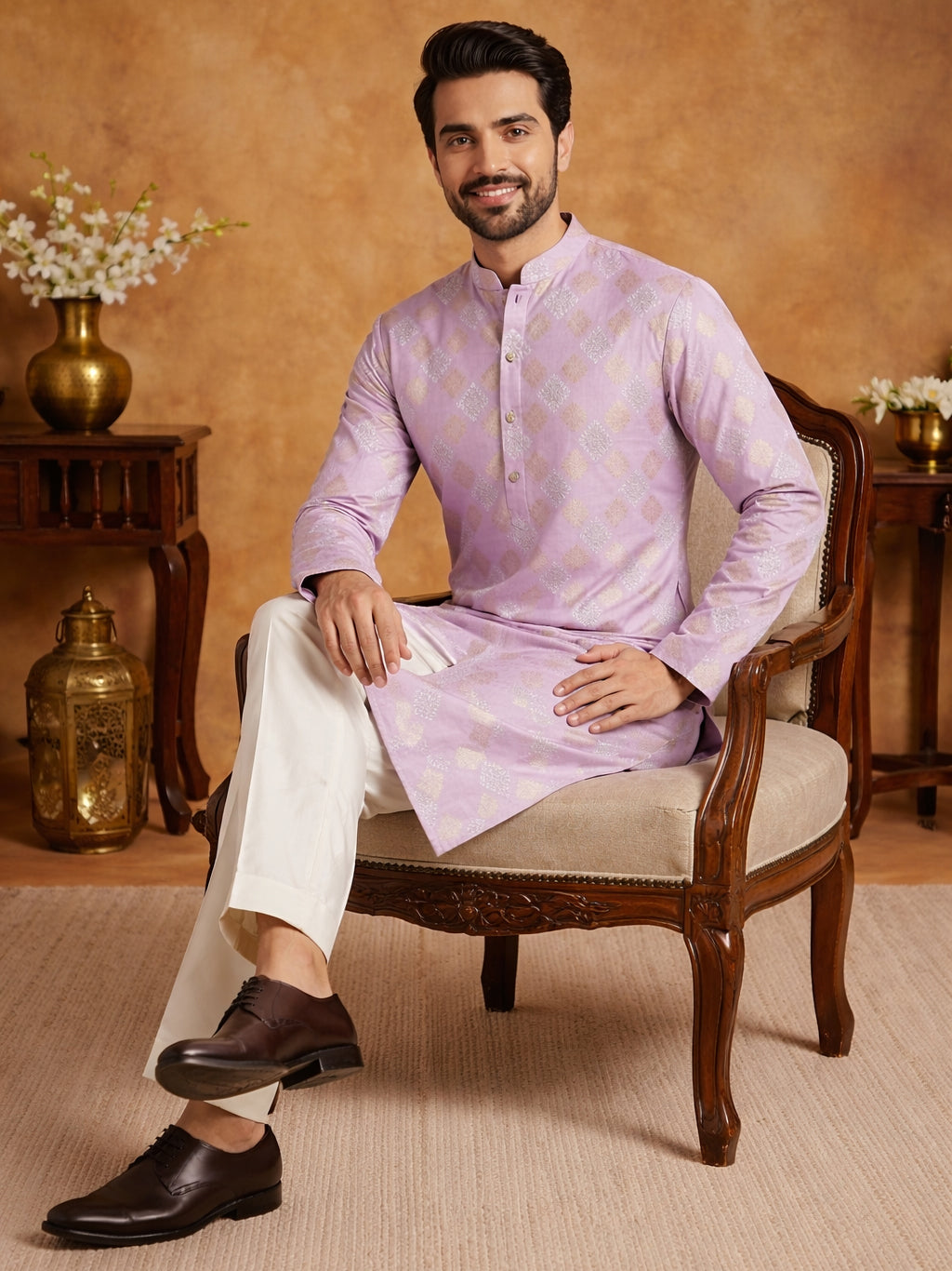 Men Cotton Blend Kurta with Foil Print ( 65KO 5446Lavender S ) [FF] [N-2]